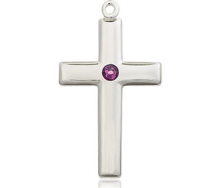 Sterling Silver Cross Pendant with a 3mm Amethyst Swarovski stone on an 18-inch Sterling Silver Light Curb Chain
