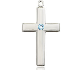 Sterling Silver Cross Pendant with a 3mm Aqua Swarovski stone on an 18-inch Sterling Silver Light Curb Chain