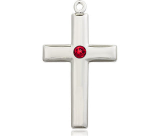 Sterling Silver Cross Pendant with a 3mm Ruby Swarovski stone on an 18-inch Sterling Silver Light Curb Chain