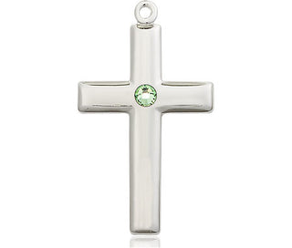 Sterling Silver Cross Pendant with a 3mm Peridot Swarovski stone on an 18-inch Sterling Silver Light Curb Chain