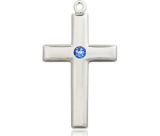 Sterling Silver Cross Pendant with a 3mm Sapphire Swarovski stone on an 18-inch Sterling Silver Light Curb Chain