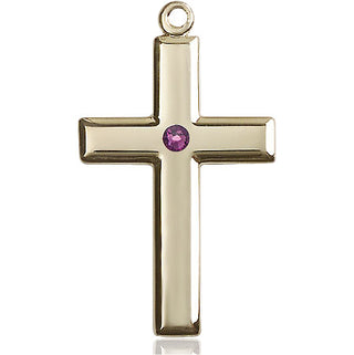 14kt Gold Filled Cross Pendant with a 3mm Amethyst Swarovski stone on an 24-inch Gold Plate Heavy Curb Chain