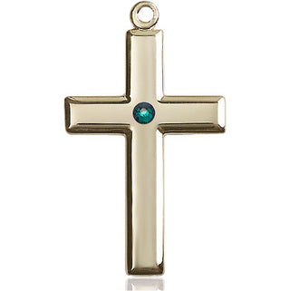 14kt Gold Filled Cross Pendant with a 3mm Emerald Swarovski stone on an 24-inch Gold Plate Heavy Curb Chain