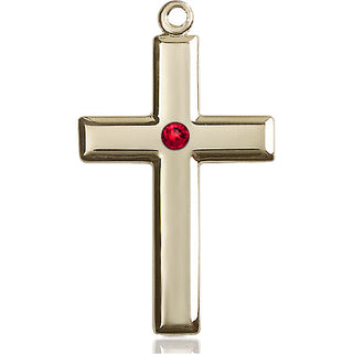 14kt Gold Cross Medal with a 3mm Ruby Swarovski stone