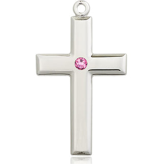 Sterling Silver Cross Pendant with a 3mm Rose Swarovski stone on an 24-inch Light Rhodium Heavy Curb Chain