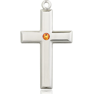 Sterling Silver Cross Pendant with a 3mm Topaz Swarovski stone on an 24-inch Light Rhodium Heavy Curb Chain