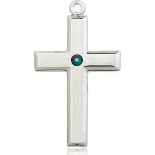 Sterling Silver Cross Pendant with a 3mm Emerald Swarovski stone on an 24-inch Light Rhodium Heavy Curb Chain