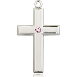 Sterling Silver Cross Pendant with a 3mm Light Amethyst Swarovski stone on an 24-inch Light Rhodium Heavy Curb Chain