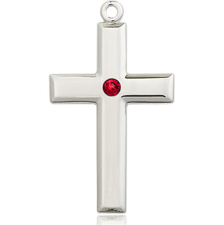 Sterling Silver Cross Pendant with a 3mm Ruby Swarovski stone on an 24-inch Light Rhodium Heavy Curb Chain