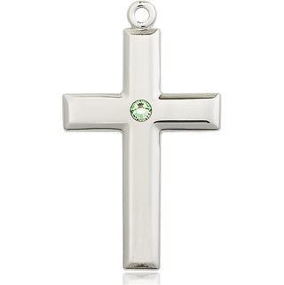 Sterling Silver Cross Pendant with a 3mm Peridot Swarovski stone on an 24-inch Light Rhodium Heavy Curb Chain