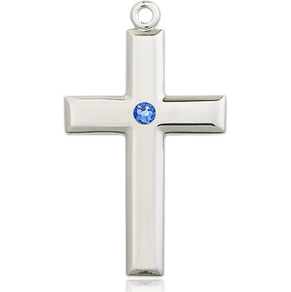 Sterling Silver Cross Pendant with a 3mm Sapphire Swarovski stone on an 24-inch Light Rhodium Heavy Curb Chain