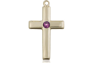 14kt Gold Filled Cross Pendant with a 3mm Amethyst Swarovski stone on an 18-inch Gold Filled Light Curb Chain
