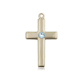 14kt Gold Filled Cross Pendant with a 3mm Aqua Swarovski stone on an 18-inch Gold Filled Light Curb Chain