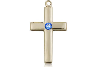 14kt Gold Filled Cross Pendant with a 3mm Sapphire Swarovski stone on an 18-inch Gold Filled Light Curb Chain