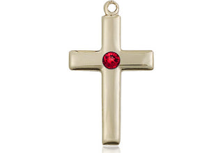 14kt Gold Cross Medal with a 3mm Ruby Swarovski stone
