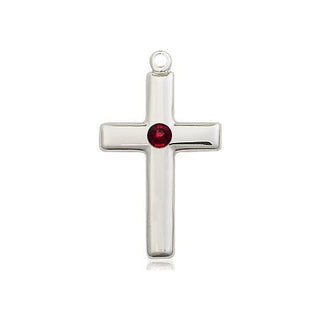 Sterling Silver Cross Pendant with a 3mm Garnet Swarovski stone on an 18-inch Sterling Silver Light Curb Chain