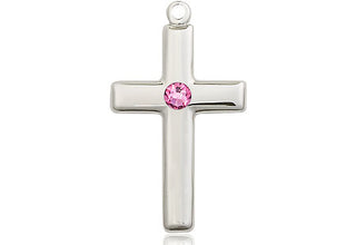 Sterling Silver Cross Pendant with a 3mm Rose Swarovski stone on an 18-inch Sterling Silver Light Curb Chain