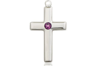 Sterling Silver Cross Pendant with a 3mm Amethyst Swarovski stone on an 18-inch Sterling Silver Light Curb Chain