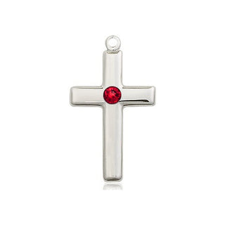 Sterling Silver Cross Pendant with a 3mm Ruby Swarovski stone on an 18-inch Sterling Silver Light Curb Chain
