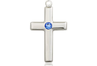 Sterling Silver Cross Pendant with a 3mm Sapphire Swarovski stone on an 18-inch Sterling Silver Light Curb Chain