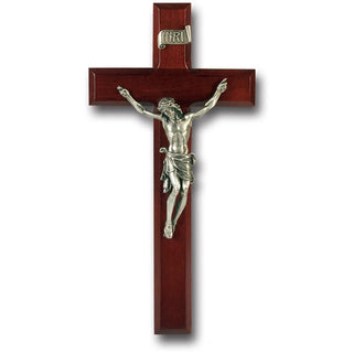 11" Dark Cherry Wood Cross With Pewter Corpus