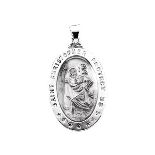 14K White 29x20 mm Hollow Oval Saint Christopher Medal