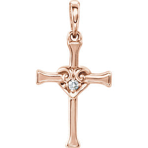 14K Rose .025 CT Diamond Cross with Heart Pendant