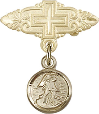 14kt Gold Badge Pin With Cross Guardian Angel Baby Badge