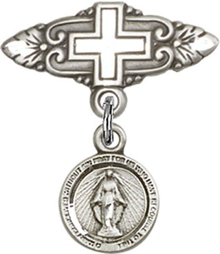 Sterling Silver Badge Pin With Cross Miraculous Baby Badge