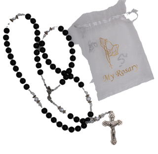 Communion Rosary, black with white OF beads with White Organza Pouch