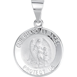 14K White 15 mm Round Hollow Guardian Angel Medal
