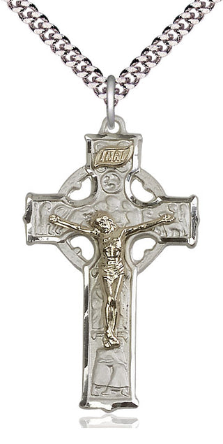 Two-Tone GF/SS Mens Celtic Crucifix Medal Catholic Jewelry