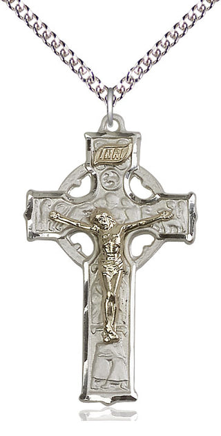 Two-Tone GF/SS Mens Celtic Crucifix Medal Catholic Jewelry