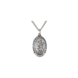 Sterling Silver Oval St. Christopher Pendant Medal with Chain