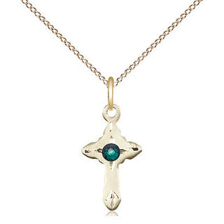 14kt Gold Filled Cross Pendant with 3mm Emerald Swarovski Necklace