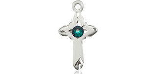 Sterling Silver Cross Pendant with a 3mm Emerald Swarovski stone on an 18-inch Sterling Silver Light Curb Chain