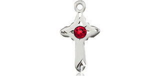 Sterling Silver Cross Pendant with a 3mm Ruby Swarovski stone on an 18-inch Sterling Silver Light Curb Chain