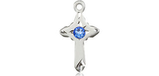 Sterling Silver Cross Pendant with a 3mm Sapphire Swarovski stone on an 18-inch Sterling Silver Light Curb Chain