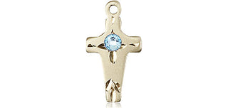 14kt Gold Filled Cross Pendant with a 3mm Aqua Swarovski stone on an 18-inch Gold Filled Light Curb Chain