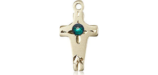 14kt Gold Filled Cross Pendant with a 3mm Emerald Swarovski stone on an 18-inch Gold Filled Light Curb Chain