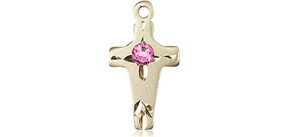 14kt Gold Cross Medal with a 3mm Rose Swarovski stone