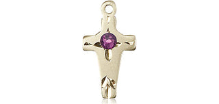 14kt Gold Cross Medal with a 3mm Amethyst Swarovski stone