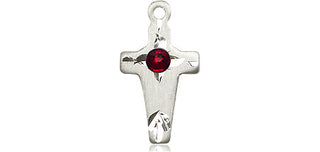 Sterling Silver Cross Pendant with a 3mm Garnet Swarovski stone on an 18-inch Sterling Silver Light Curb Chain