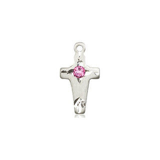 Sterling Silver Cross Pendant with a 3mm Rose Swarovski stone on an 18-inch Sterling Silver Light Curb Chain