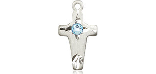 Sterling Silver Cross Pendant with a 3mm Aqua Swarovski stone on an 18-inch Sterling Silver Light Curb Chain