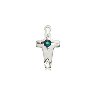 Sterling Silver Cross Pendant with a 3mm Emerald Swarovski stone on an 18-inch Sterling Silver Light Curb Chain