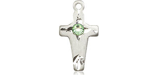 Sterling Silver Cross Pendant with a 3mm Peridot Swarovski stone on an 18-inch Sterling Silver Light Curb Chain