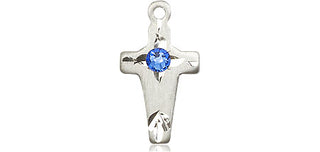 Sterling Silver Cross Pendant with a 3mm Sapphire Swarovski stone on an 18-inch Sterling Silver Light Curb Chain