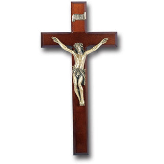 12" Dark Cherry Wood Cross With Museum Gold Pltd Corpus