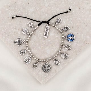 Glory Saints & Angels Bracelet silver tone saint medals on black cording with blessed tag